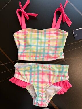 crown & ivy Pink Strap Pastel Plaid Two-Piece Girls' Swim Set